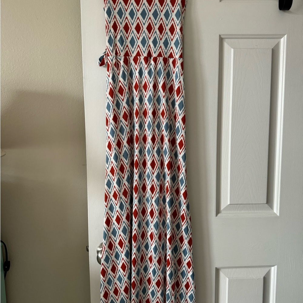 Jessica Simpson Faux Wrap Dress, S, blue/red sleeveless, V-neck NWOT - Picture 7 of 11
